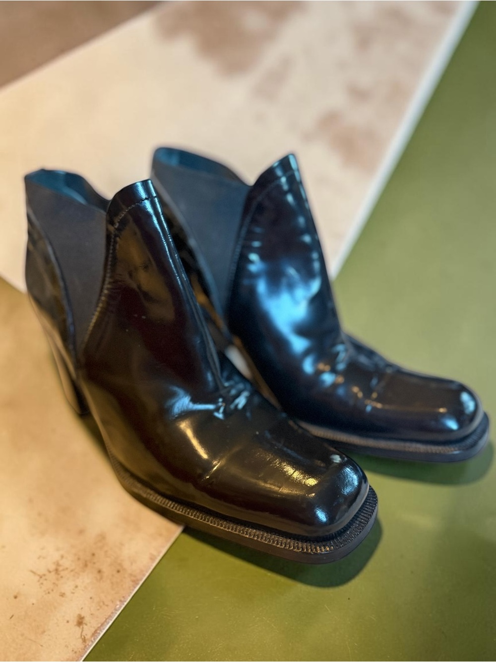 Via Spiga Patent Leather Ankle Boots 6.5B Black Square Toe Made in Italy